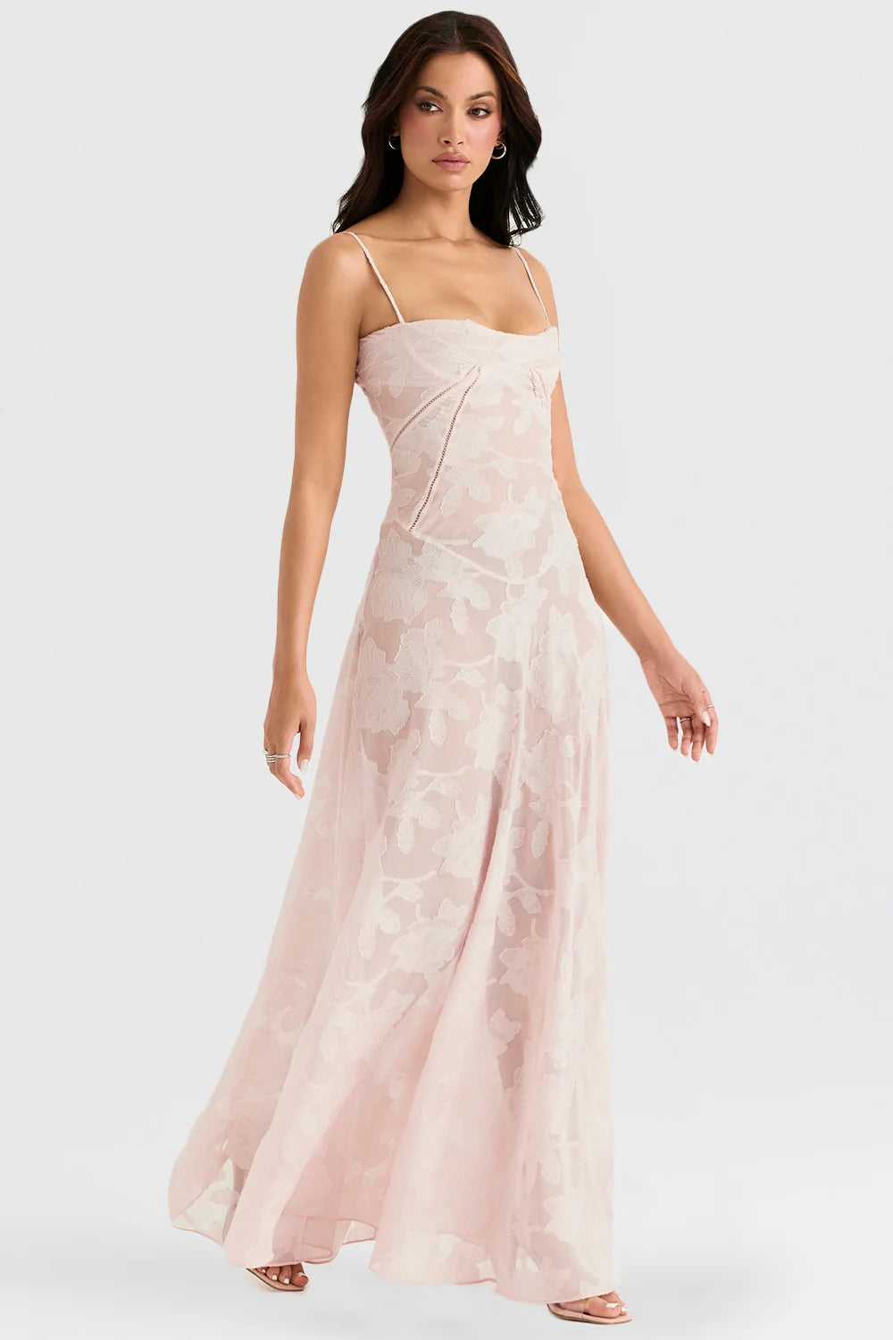 soft pink floral lace back maxi dress