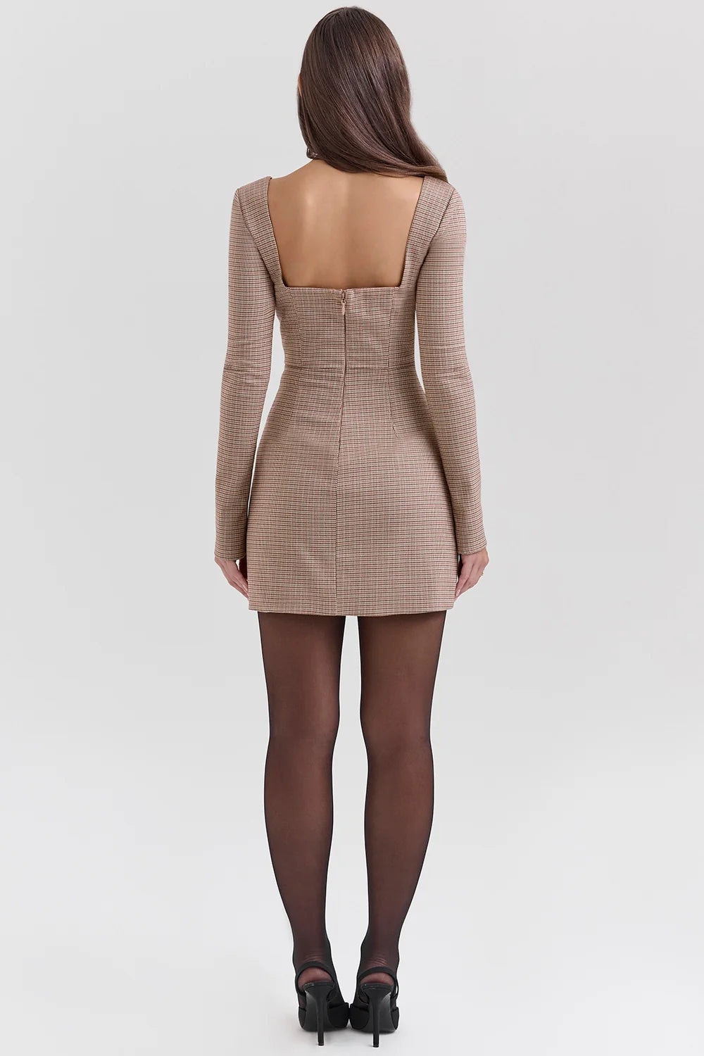 brown puppytooth check plunge mini dress - sale