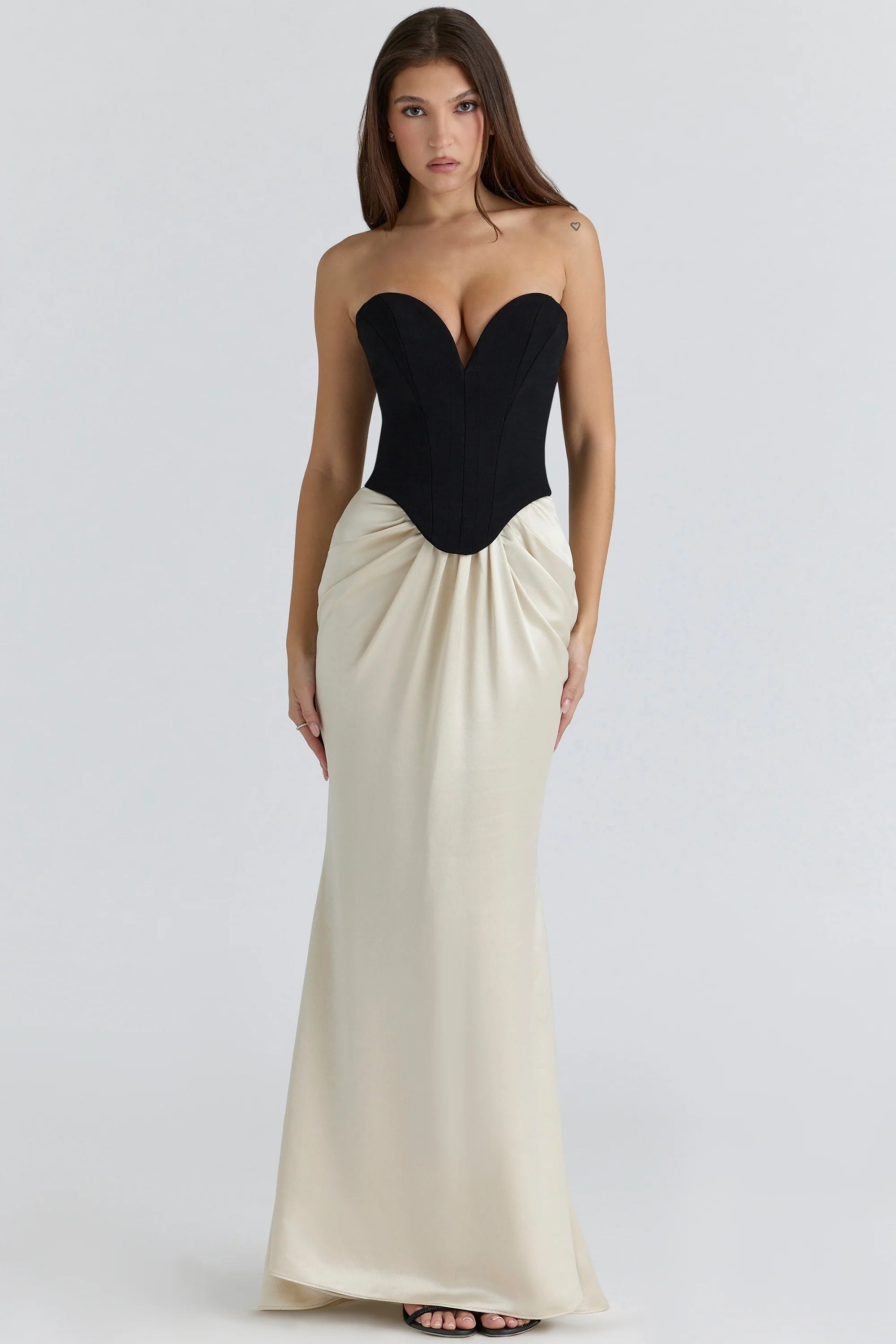 black & champagne corset maxi gown