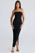 black gathered stretch mesh maxi dress