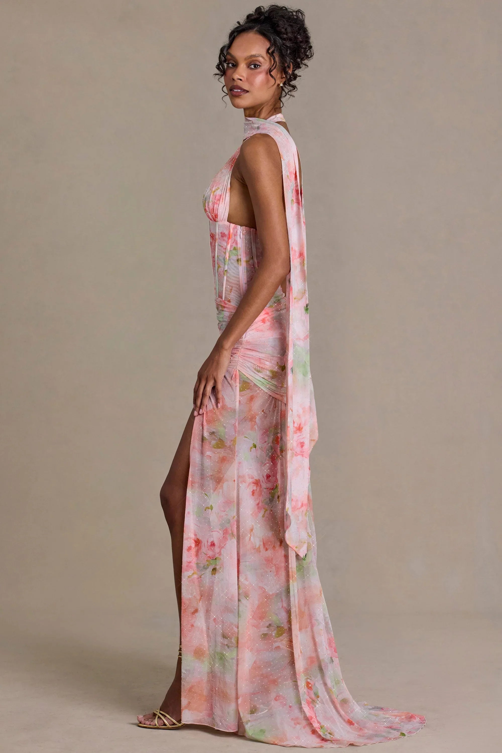 Premium Embellished Scarf-Detail Maxi Dress in Pink Floral Print