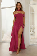 Midnight Elegance Off Shoulder Maxi Dress Magenta
