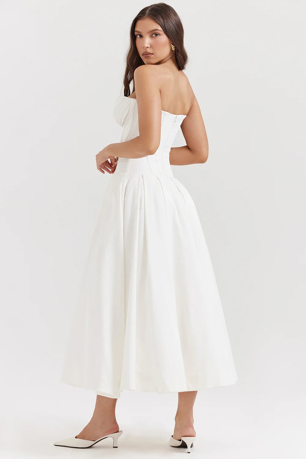 white strapless midi dress