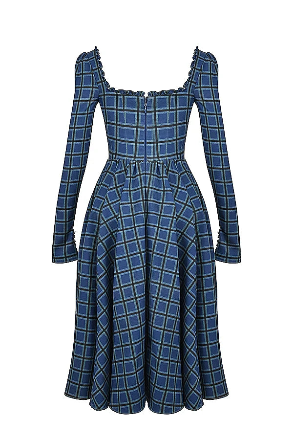 blue tartan midi dress