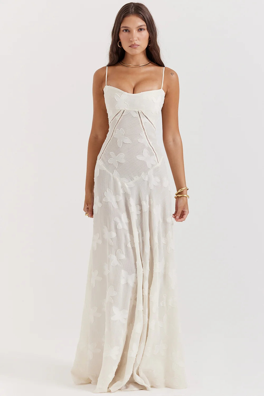 vintage cream floral lace back maxi dress