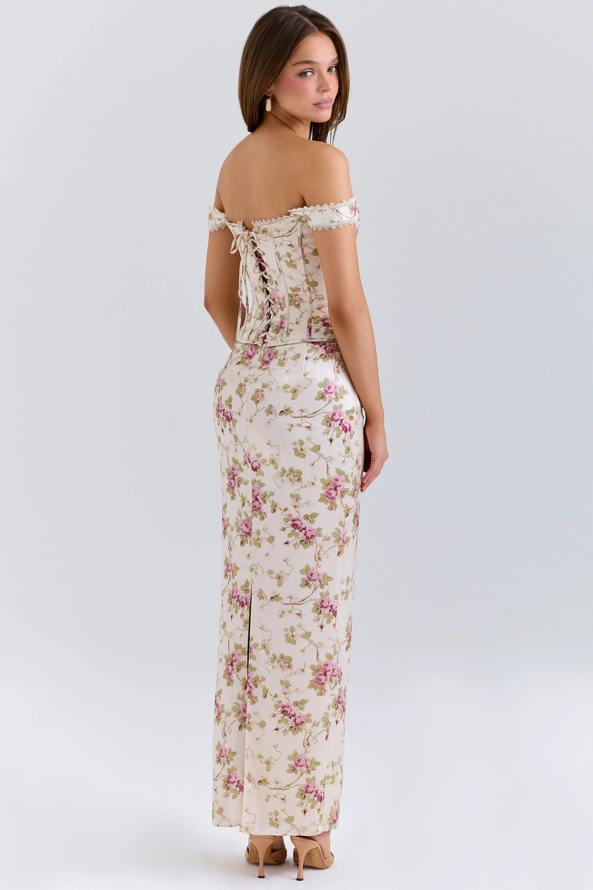 vintage cream floral print corset maxi dress