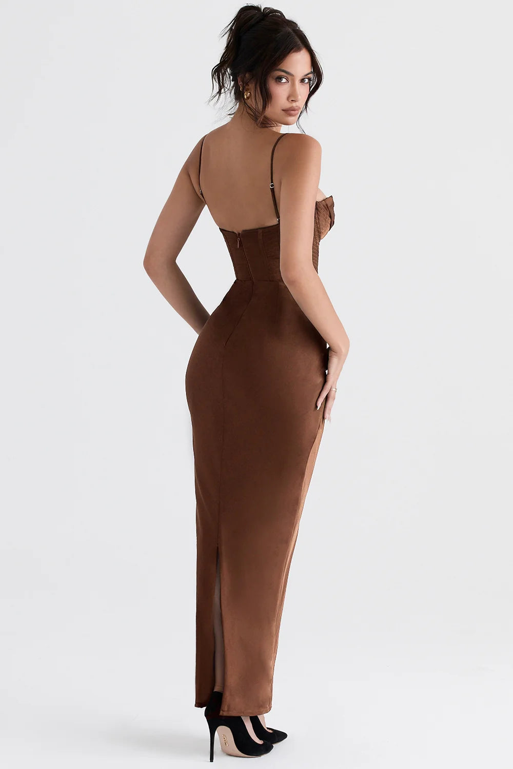 chocolate corset maxi dress