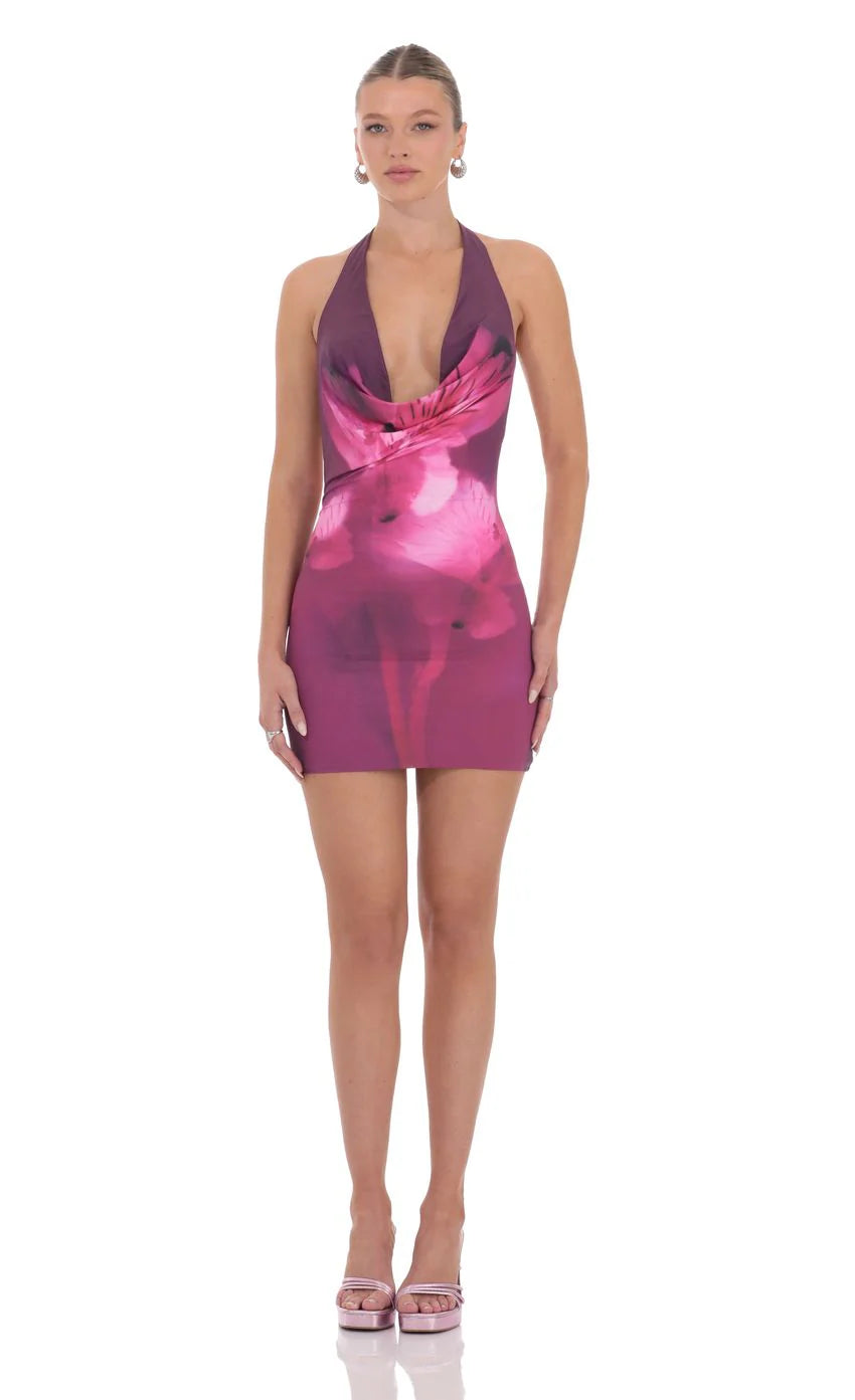 Floral Plunge Neck Bodycon Dress in Plum