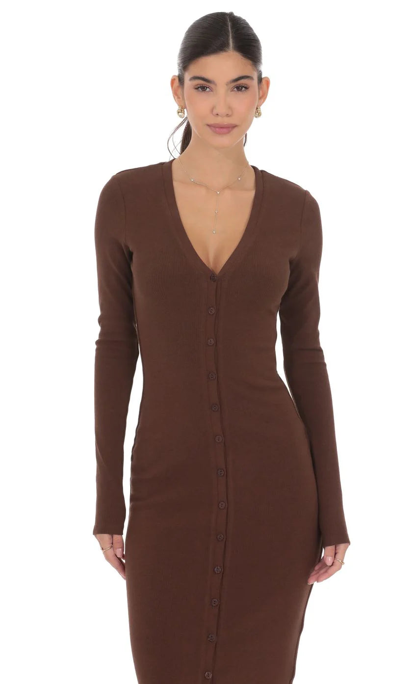 Button Down Ribbed Maxi Dress in Brown