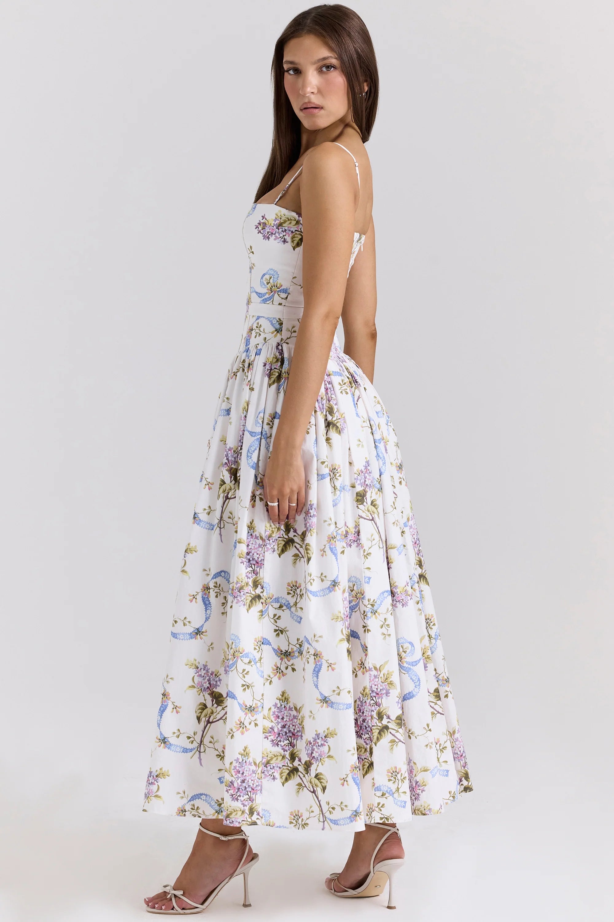 off white vintage ribbon print cotton midi sundress