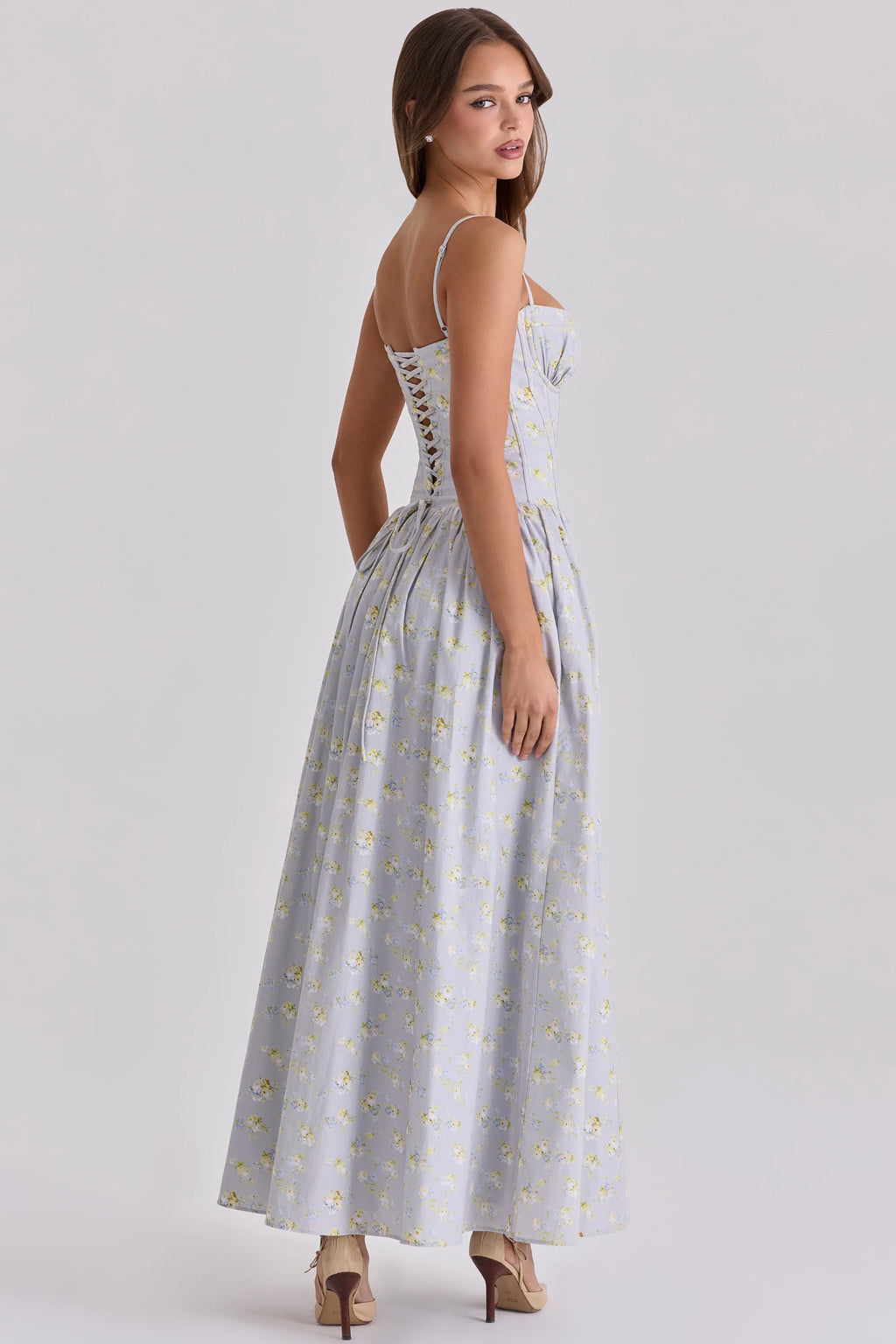 blue wildflower print cotton lace up maxi dress
