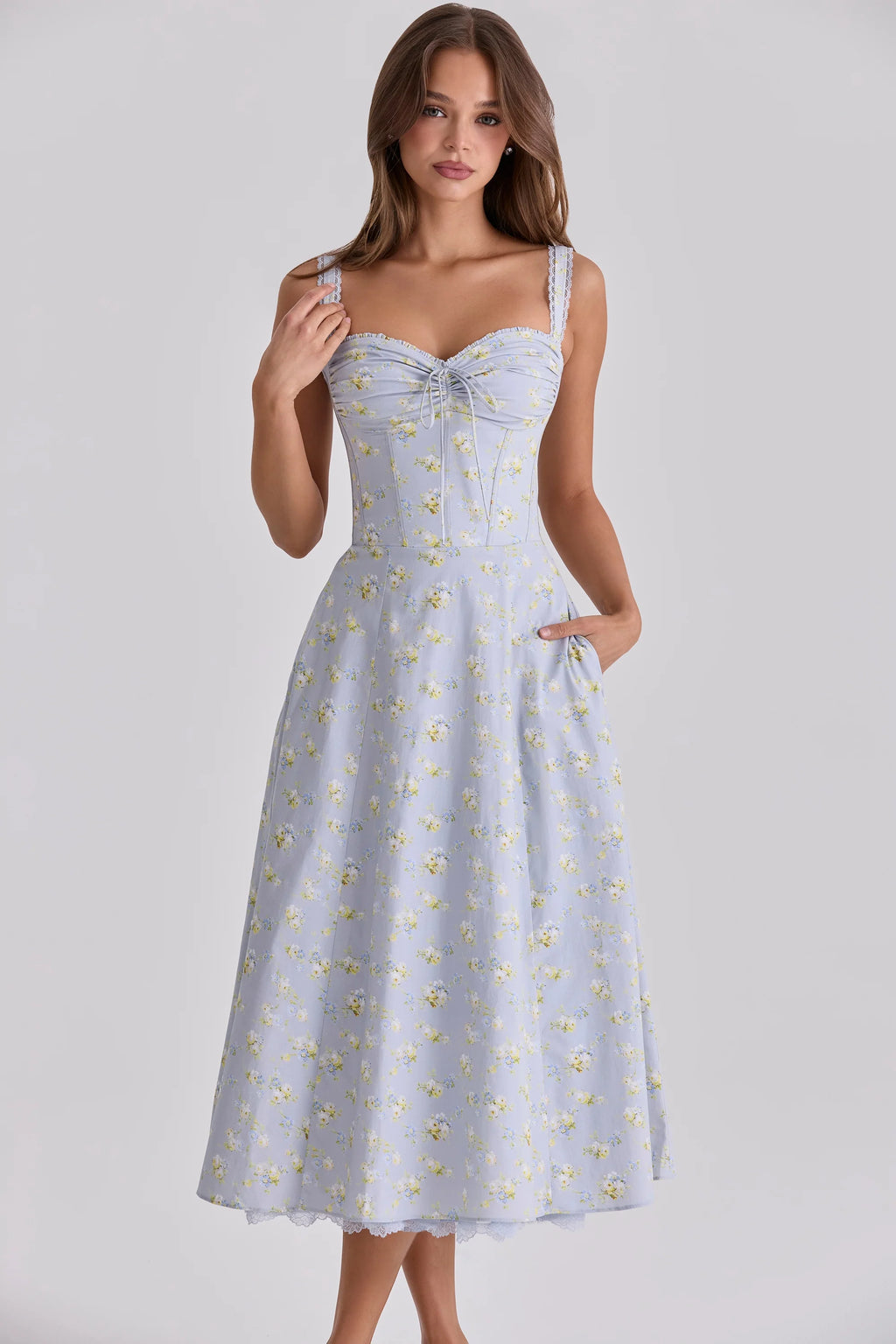 blue wildflower floral print midi dress