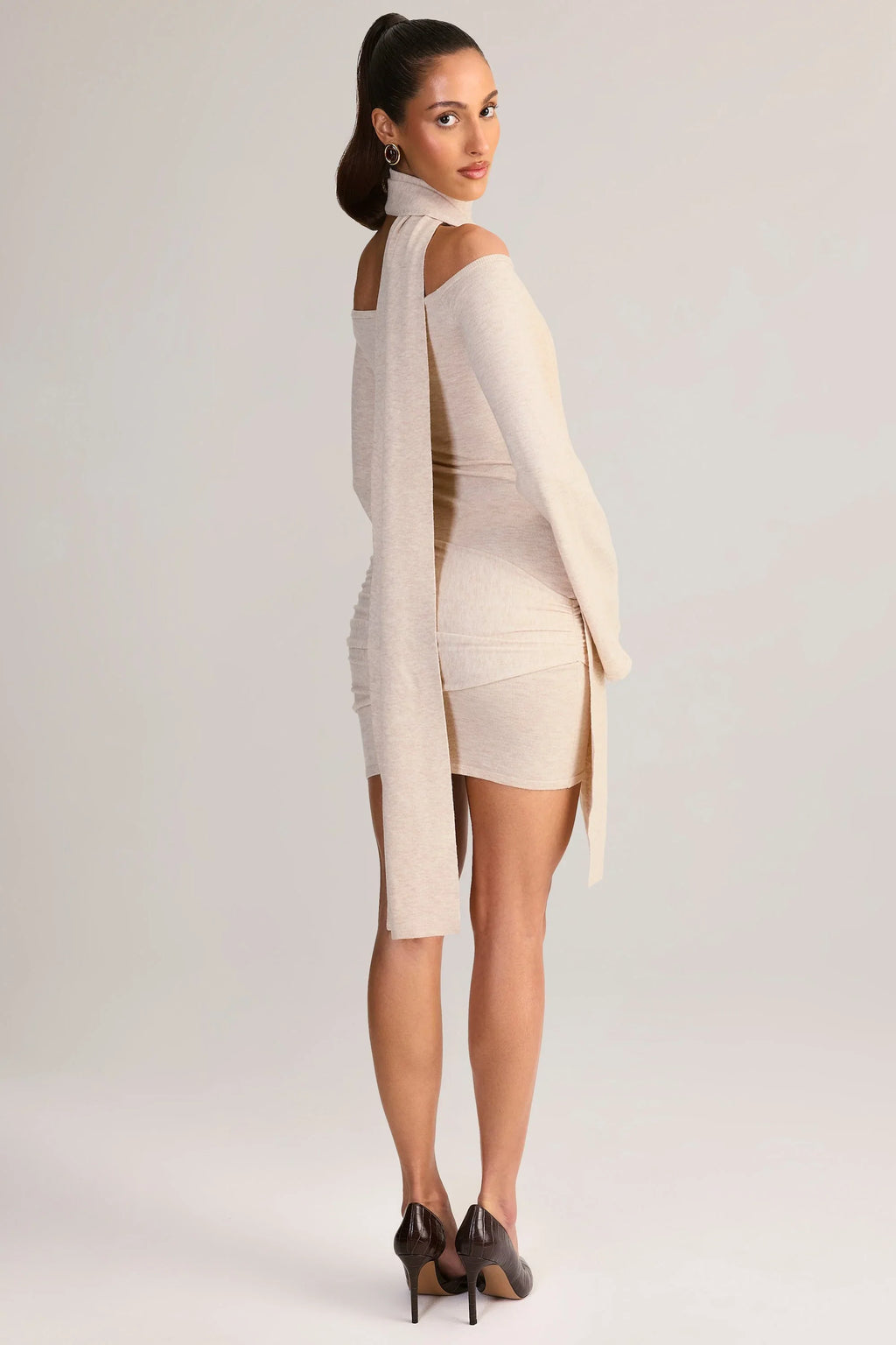 Knit Scarf-Detail Off-Shoulder Mini Dress in Cream