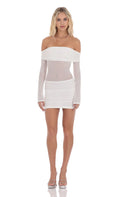Rhinestone Mesh Off Shoulder Dress in White