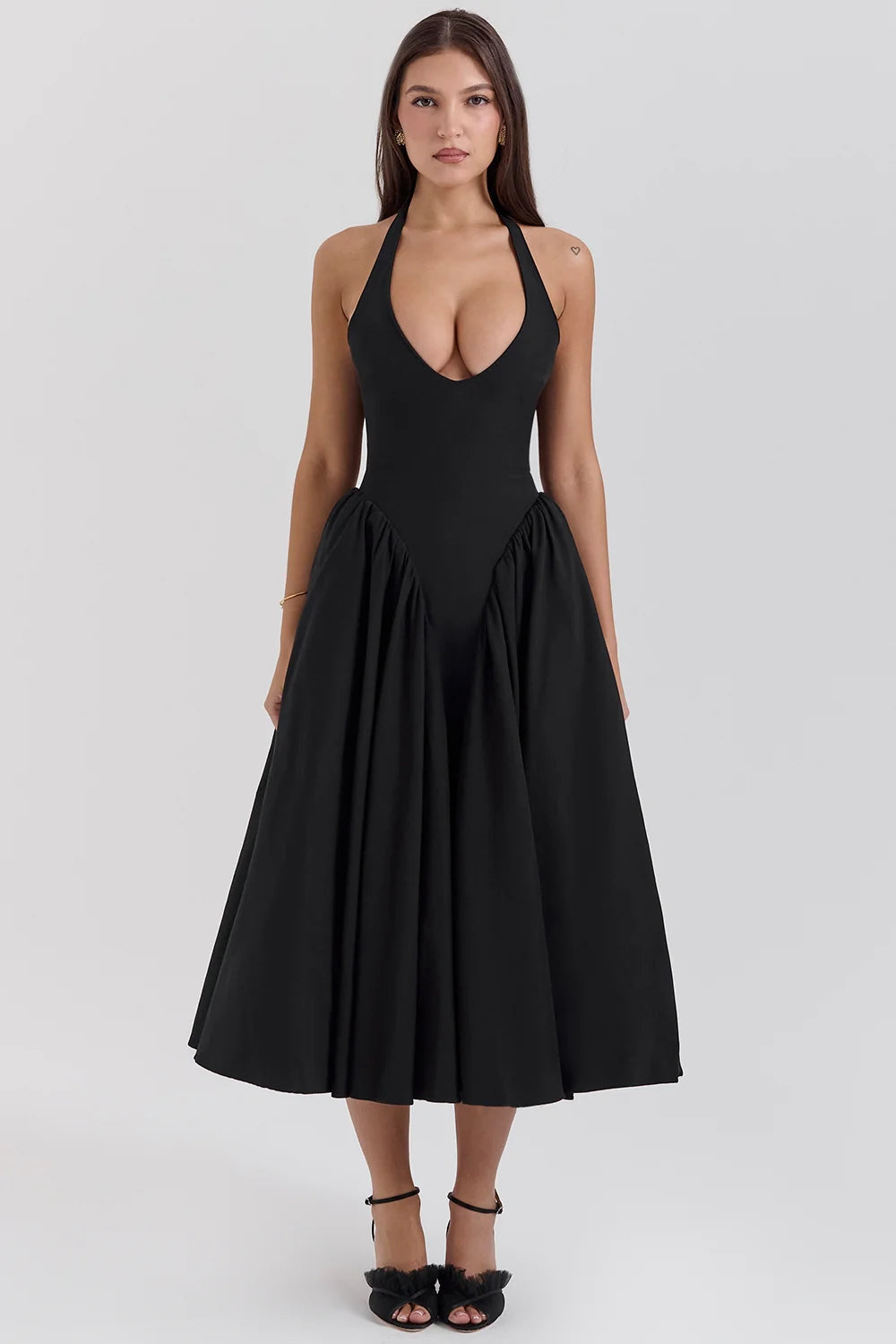 black twill halter midi dress