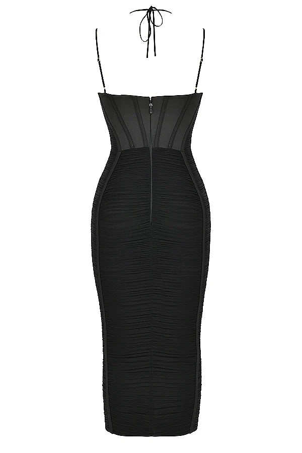 black ruched midi dress
