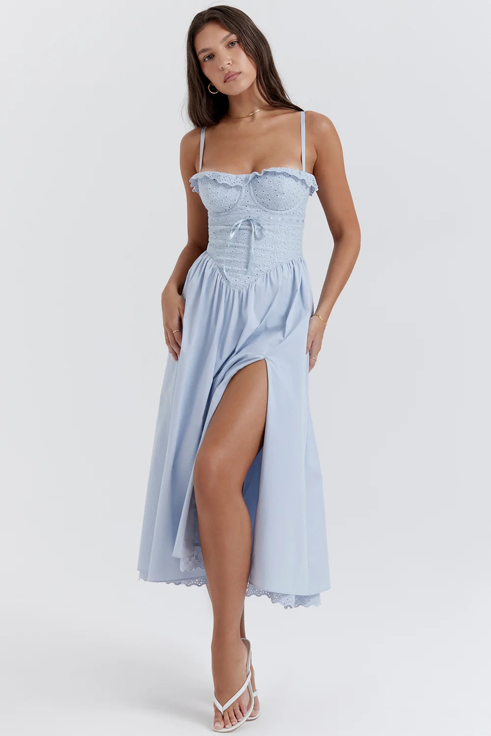 soft blue cotton broderie anglais midi sundress