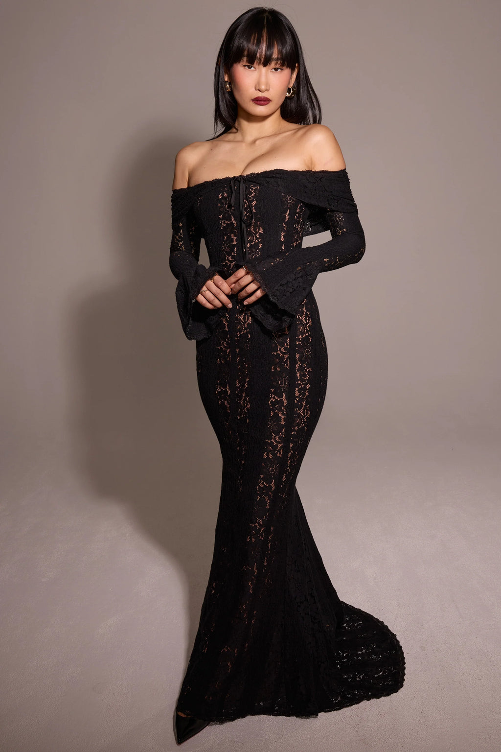 black off shoulder floral lace maxi dress