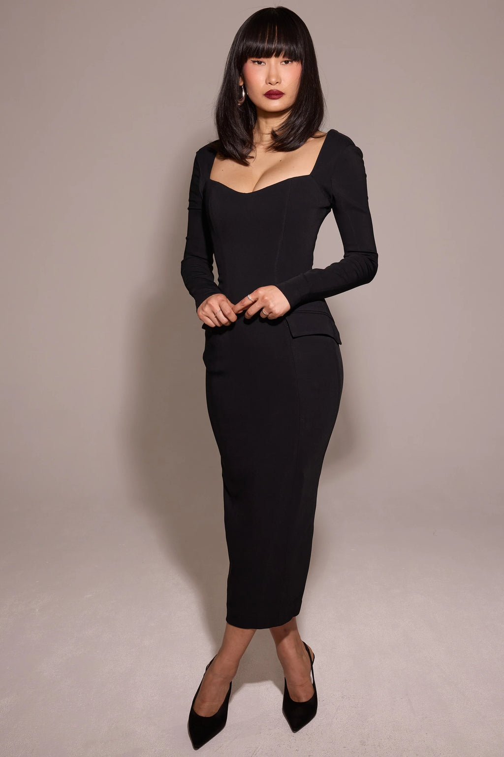 black stretch crepe long sleeve midi dress