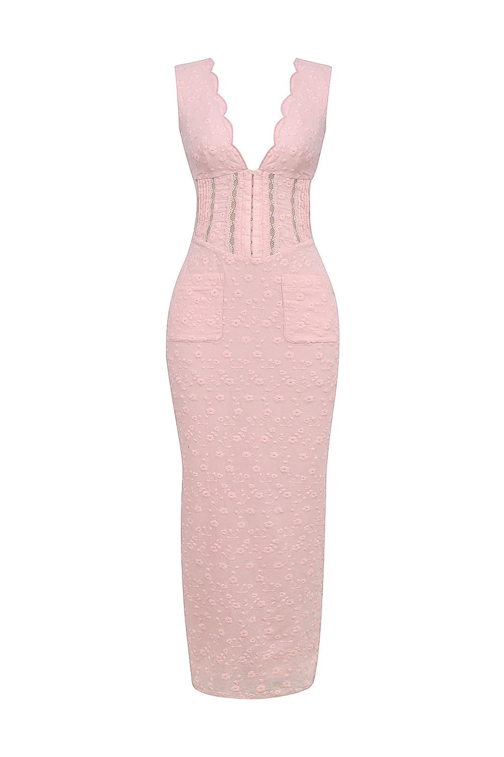 perfectly pink broderie anglais plunge maxi dress