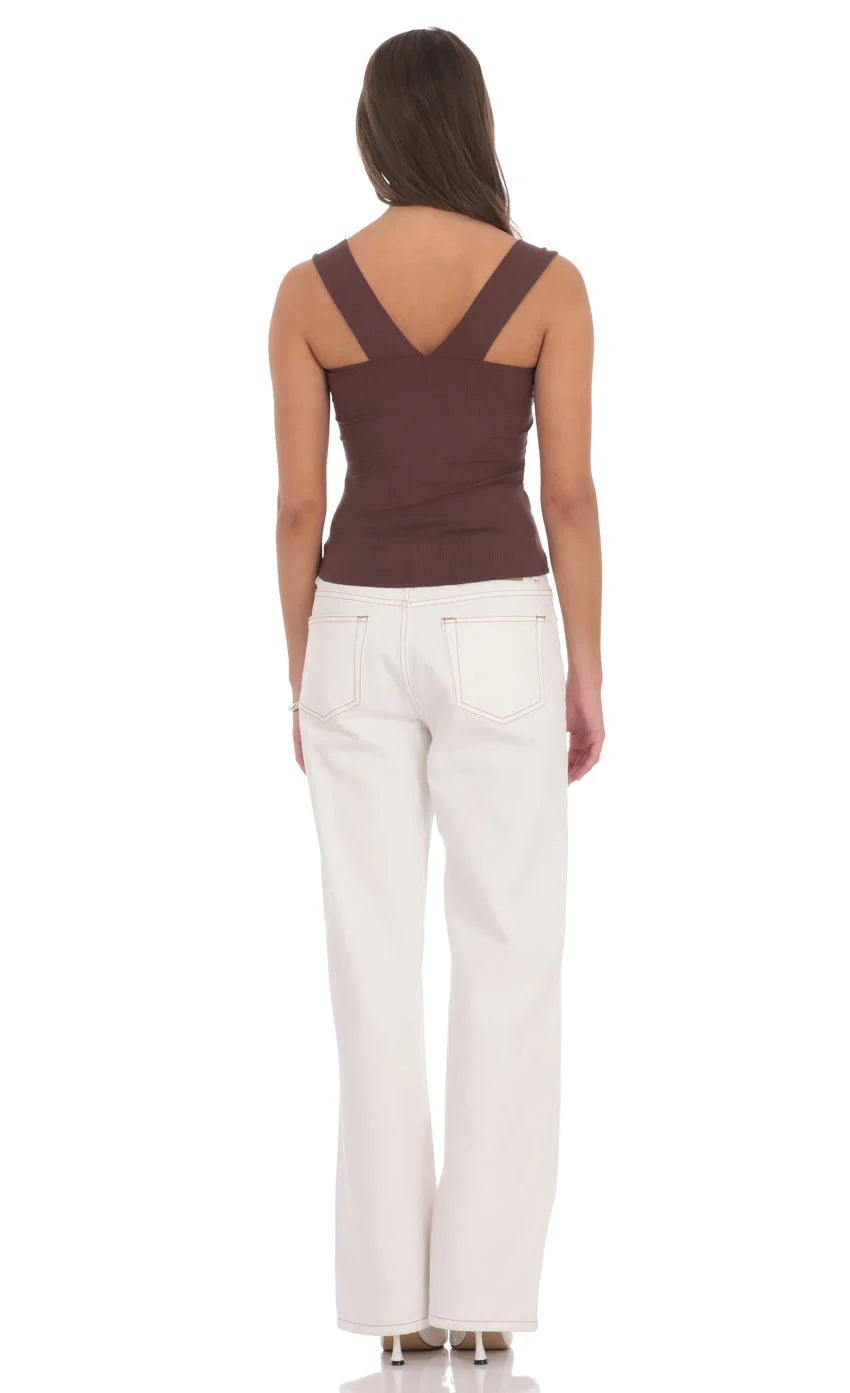 Ribbed Square Neck Top in Chocolate