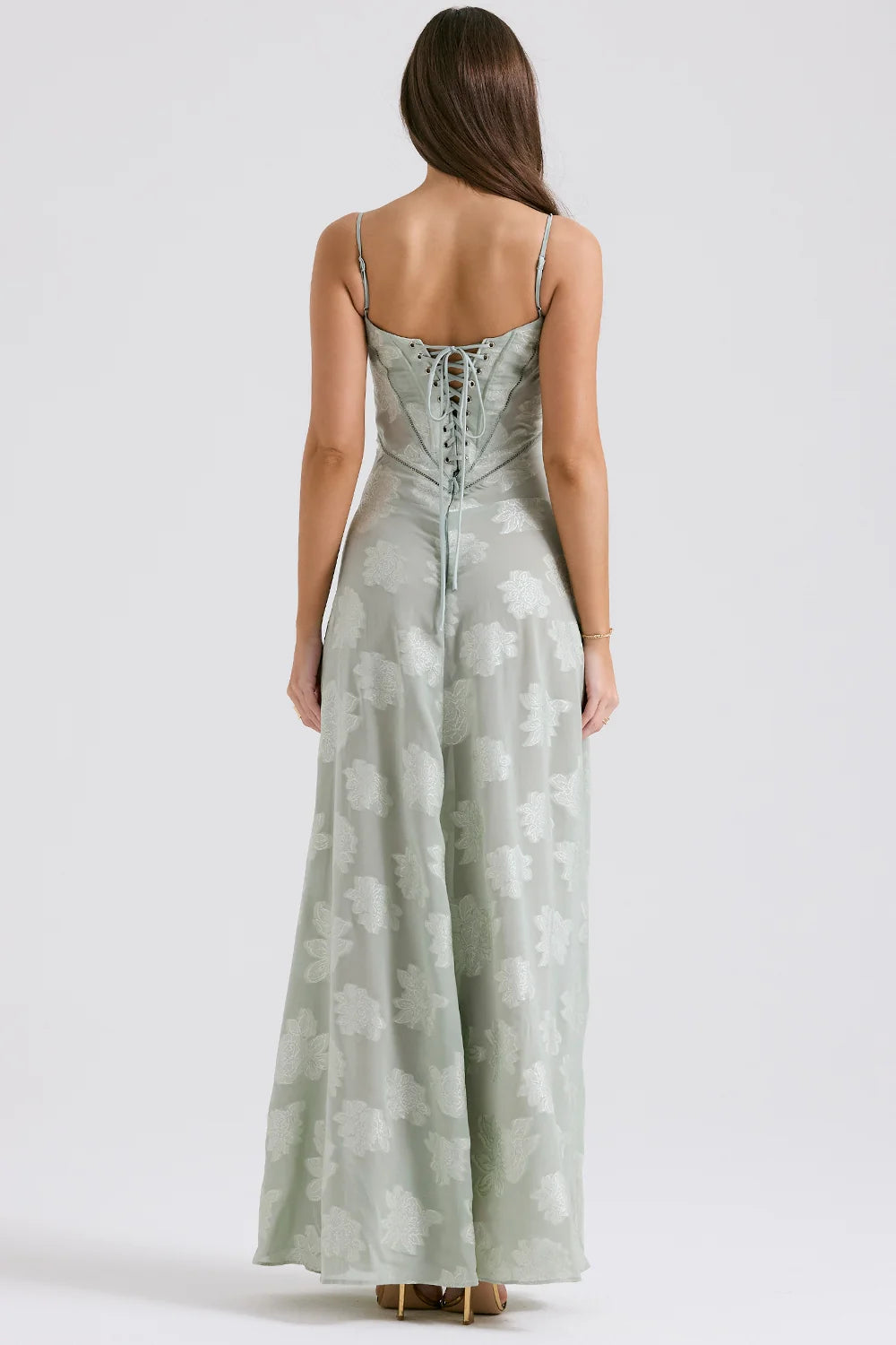 pistachio floral lace back maxi dress