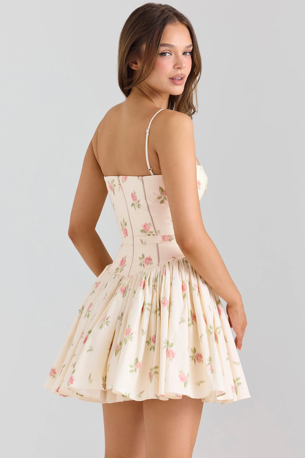 cream rose print stretch cotton mini sundress