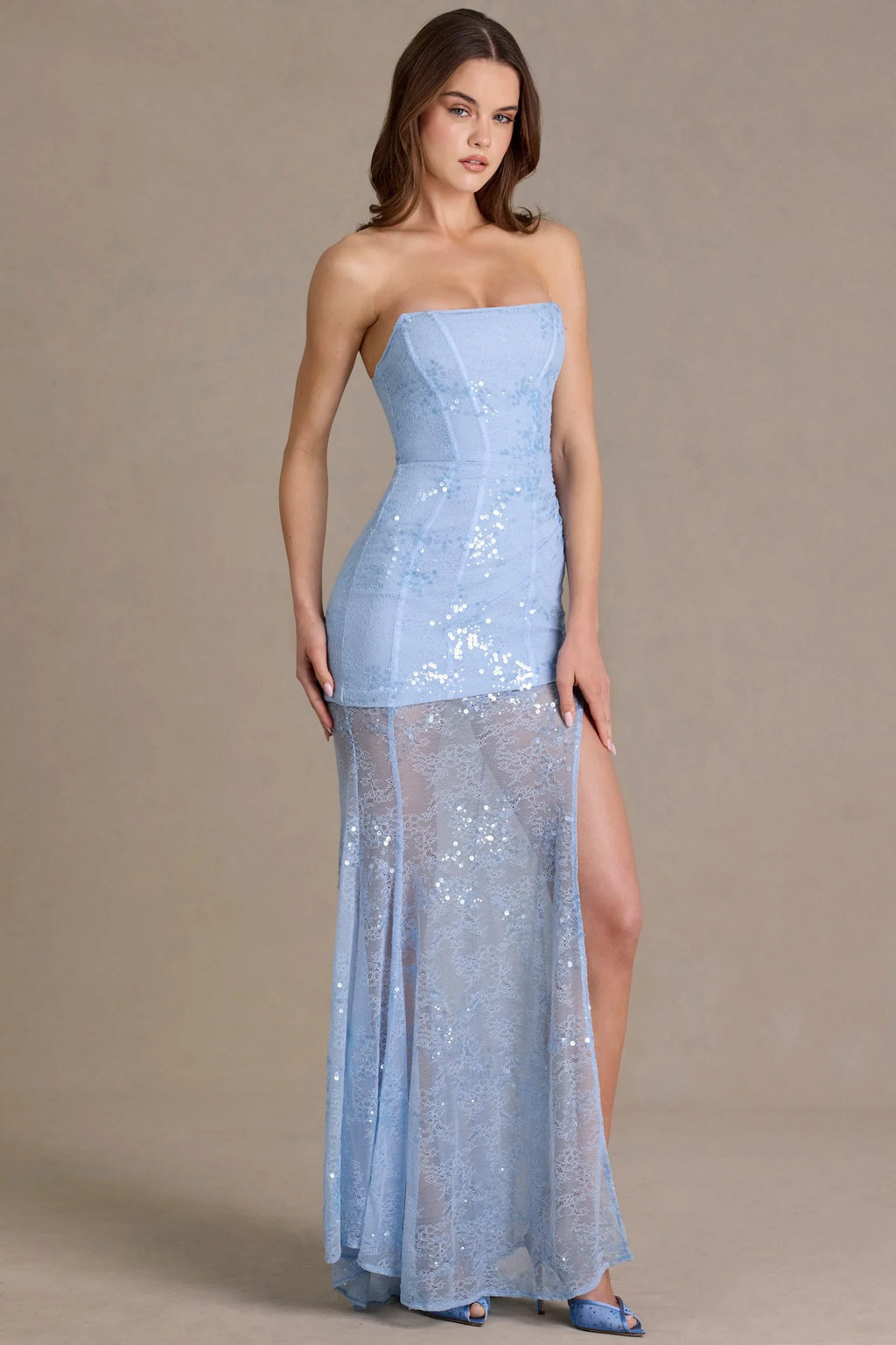 Premium Embellished Lace Corset Gown in Sky Blue