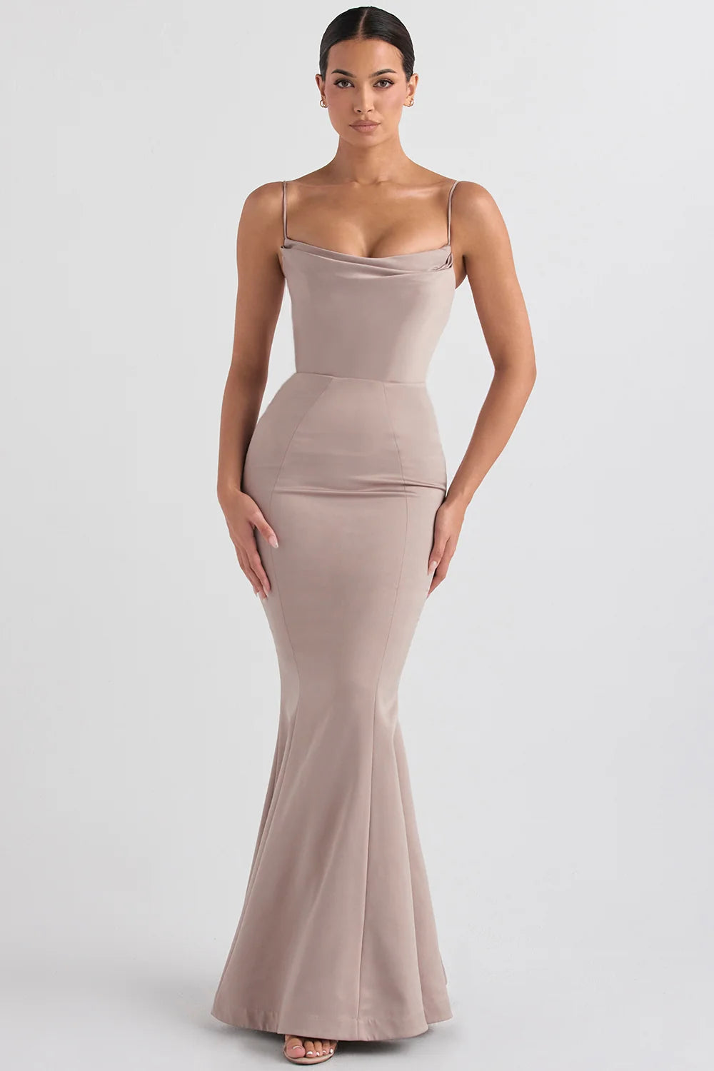 mushroom satin fishtail gown
