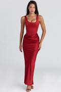 red satin corset maxi dress