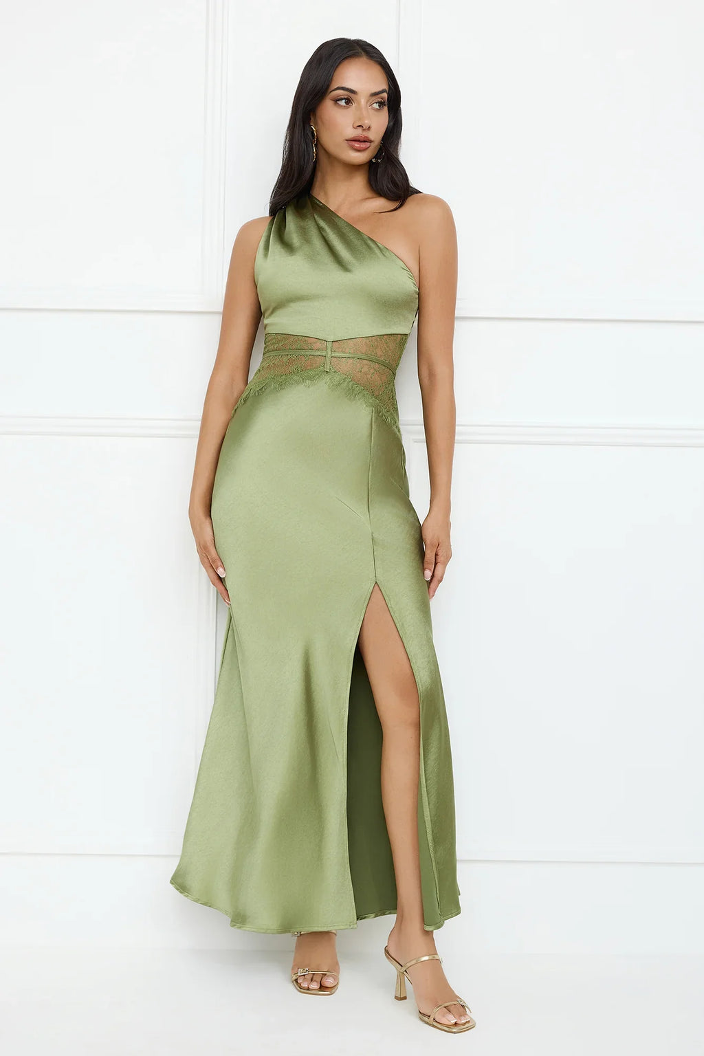 Show You Love One Shoulder Satin Maxi Dress Green