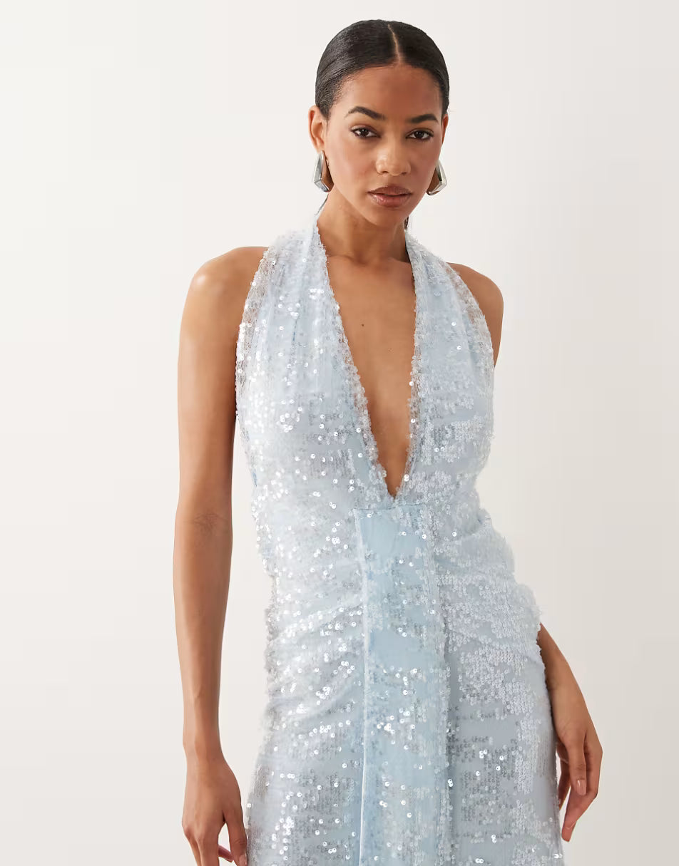 Sequin Plisse Plunge Halter Maxi Dress With Scarf Detail In Baby Blue