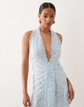 Sequin Plisse Plunge Halter Maxi Dress With Scarf Detail In Baby Blue