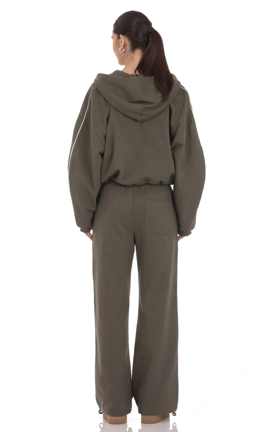 Piped Straight Leg Sweatpants in Olive Green