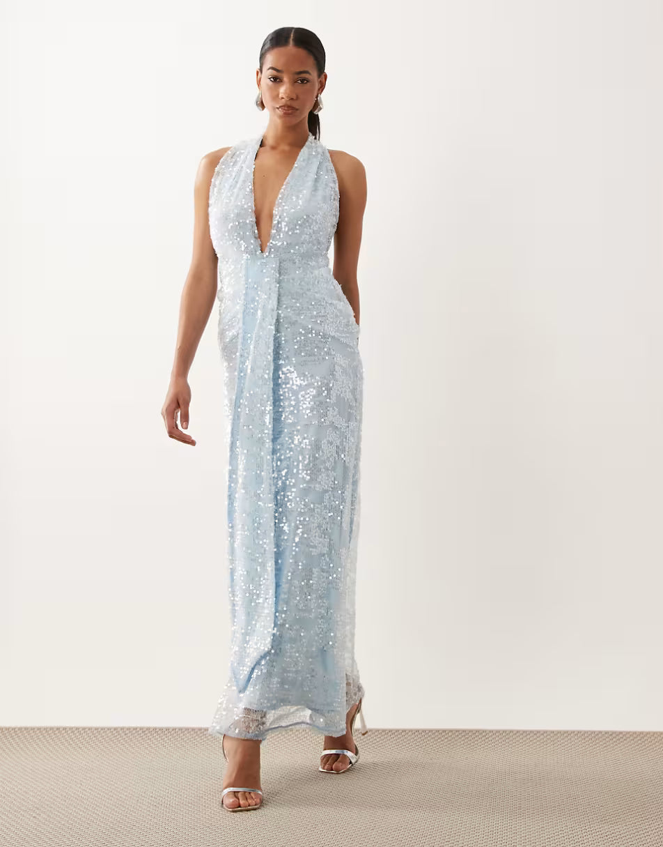 Sequin Plisse Plunge Halter Maxi Dress With Scarf Detail In Baby Blue