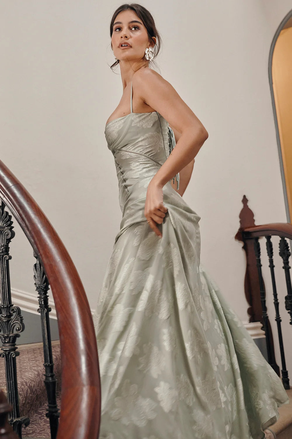 pistachio floral lace back maxi dress