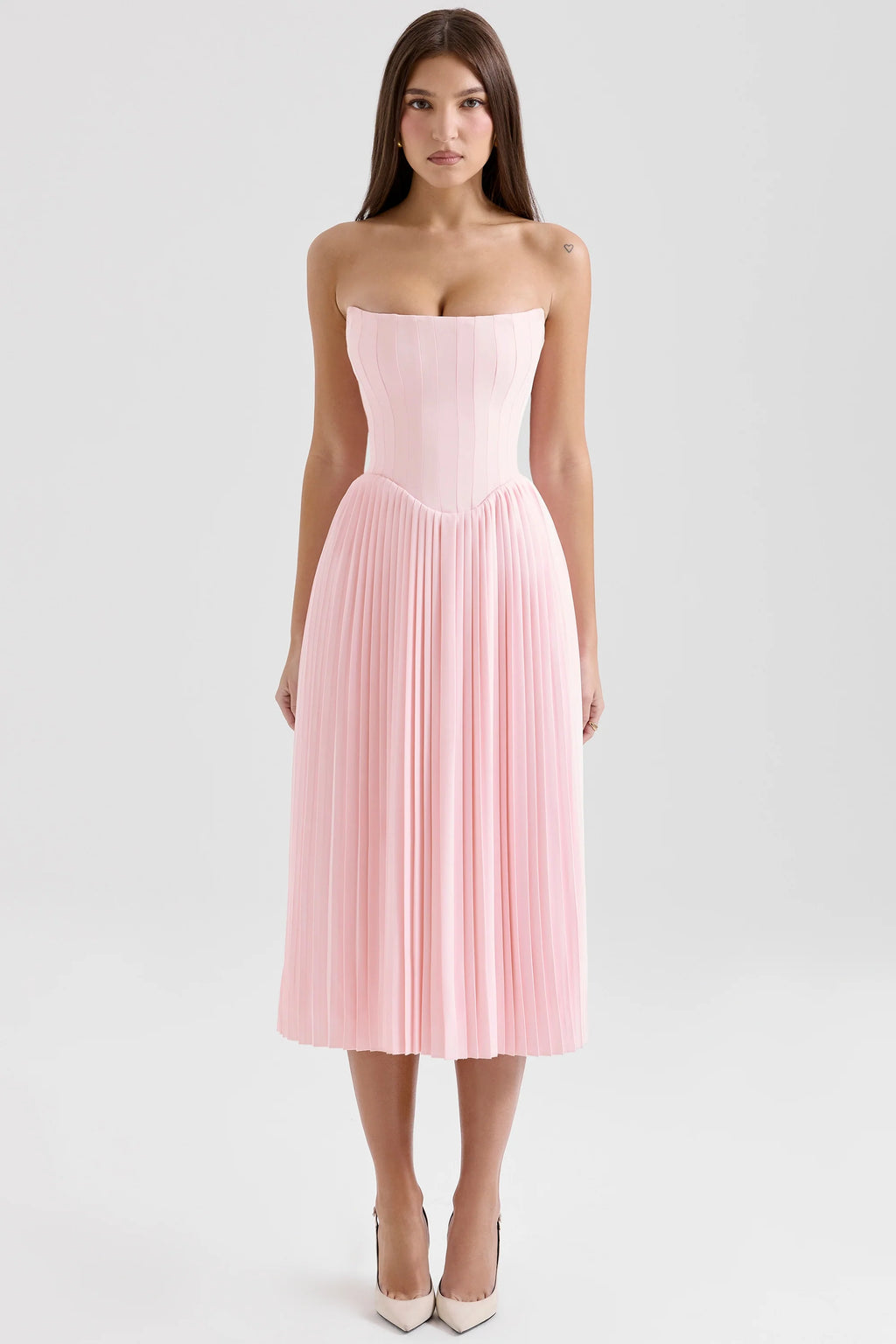 pink pleated midi corset dress