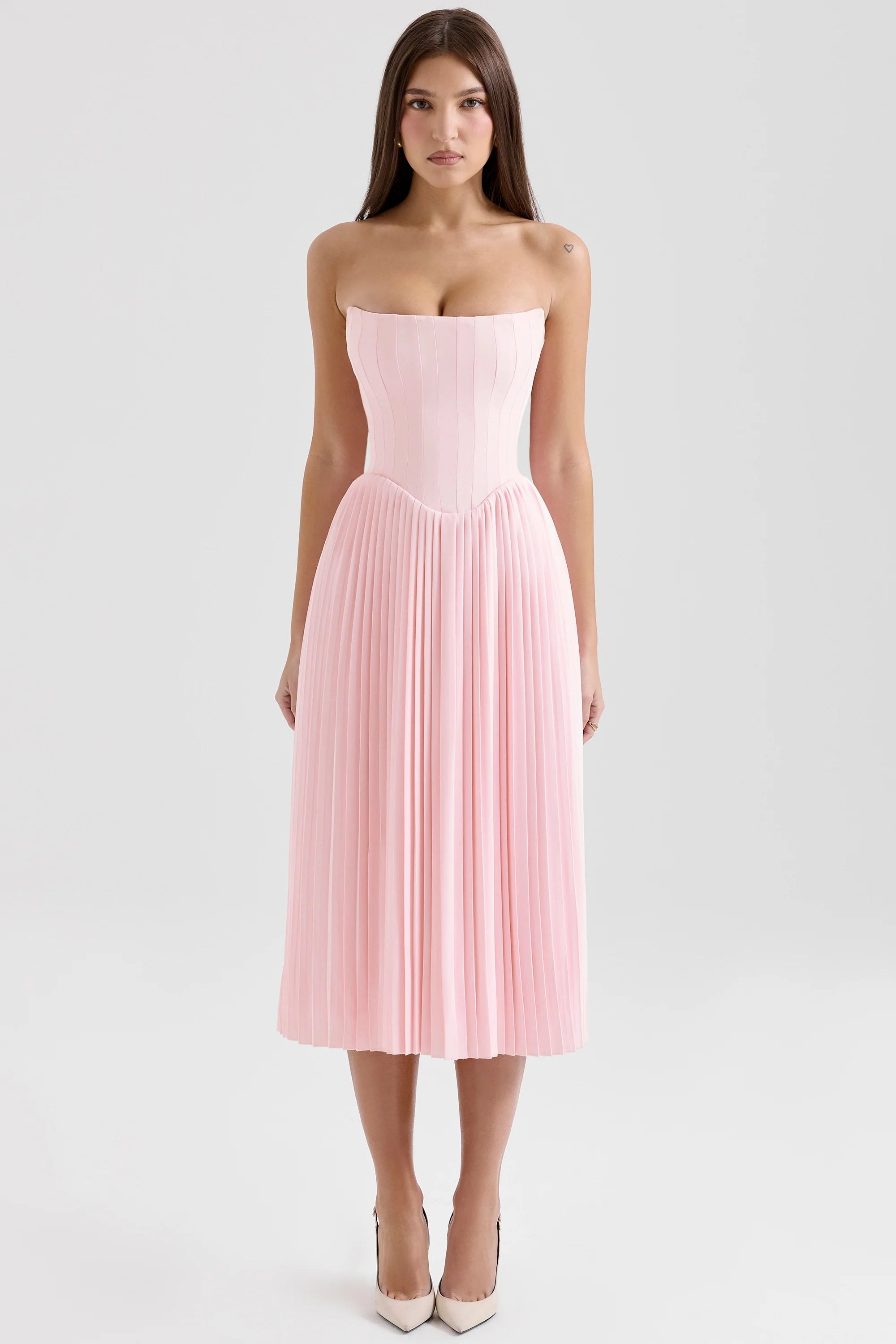 pink pleated midi corset dress