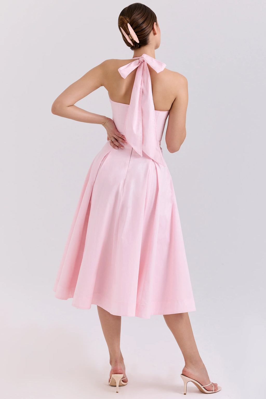 pink stretch cotton halter midi sundress