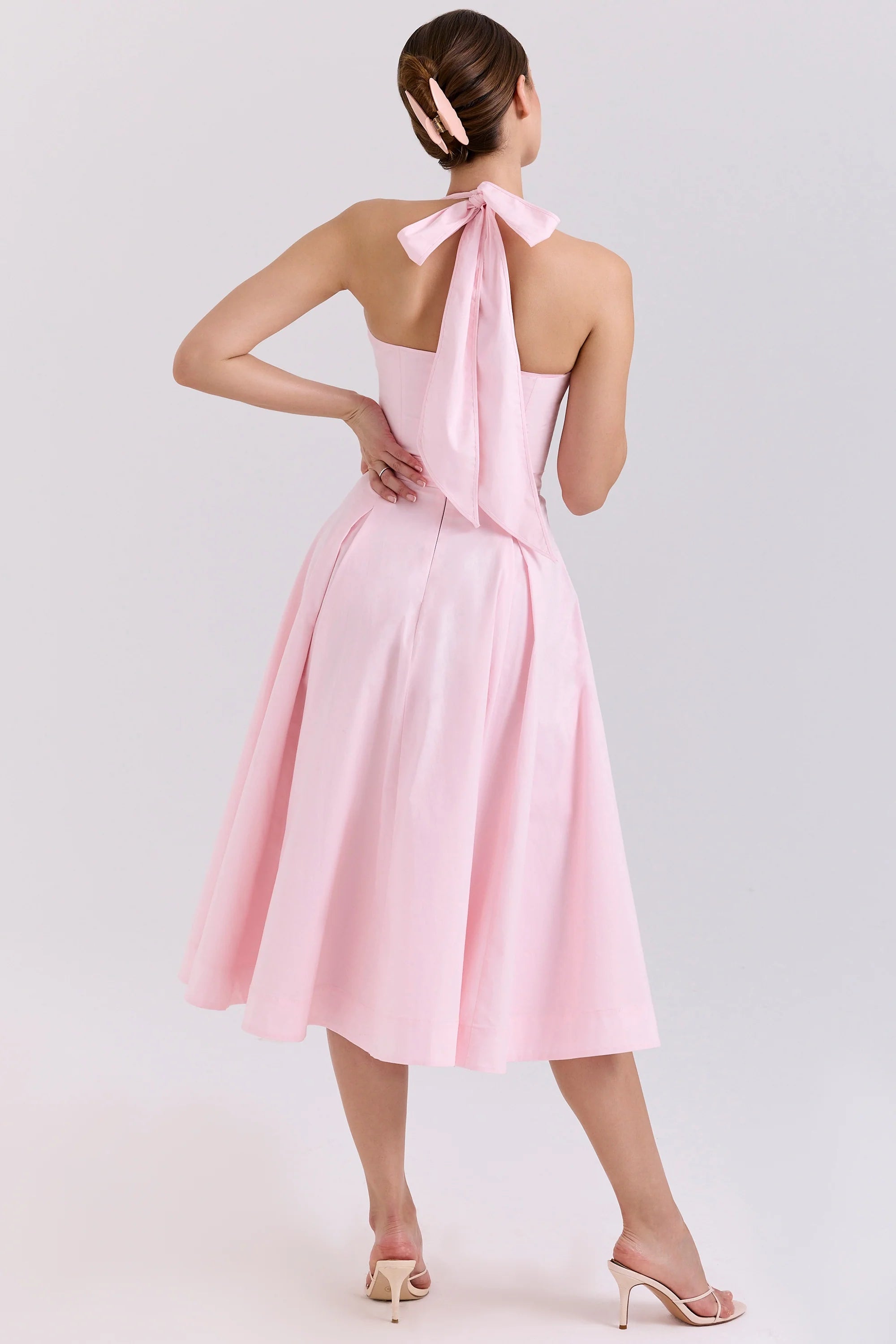 pink stretch cotton halter midi sundress
