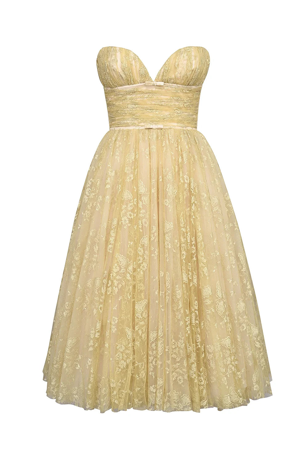 gold metallic lace tulle midi gown