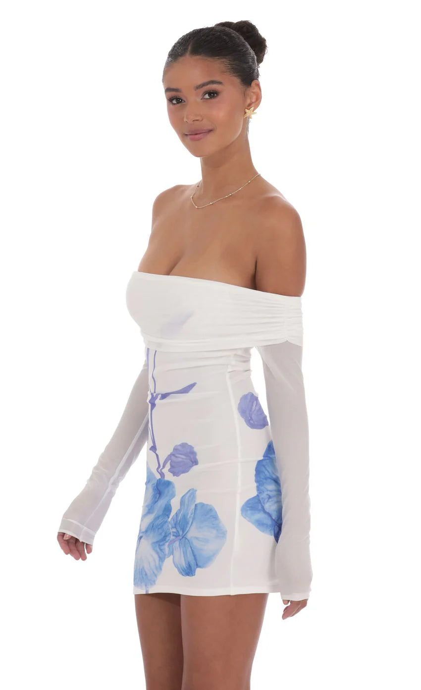 Floral Mesh Off Shoulder Dress in White