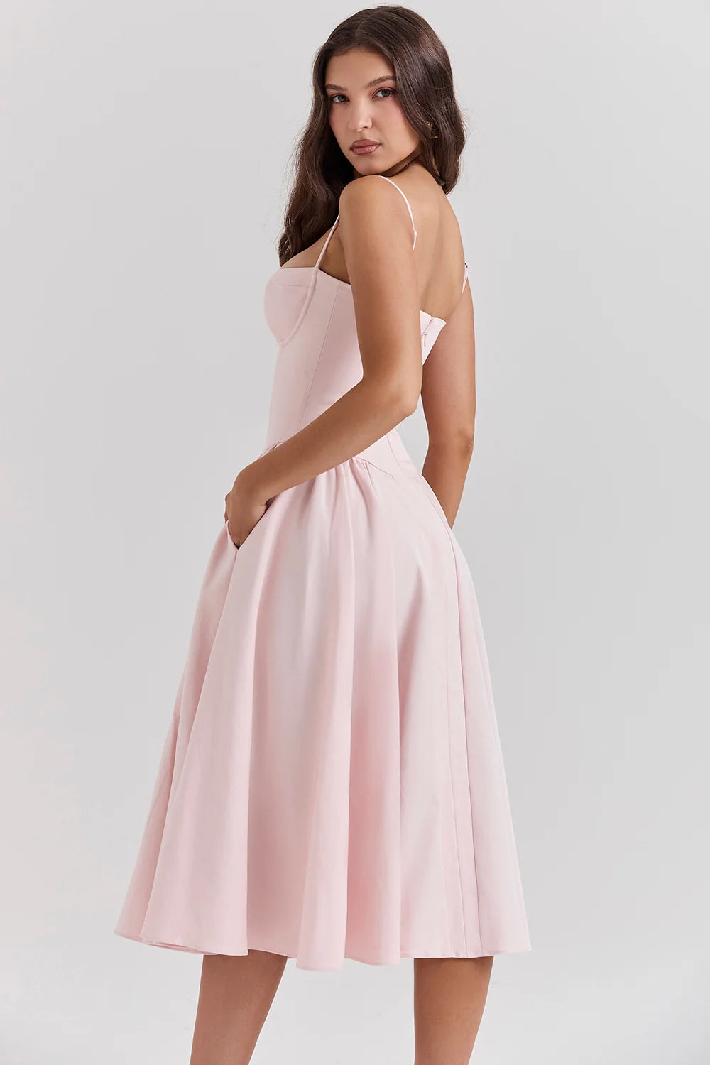 ballerina pink twill corset midi dress