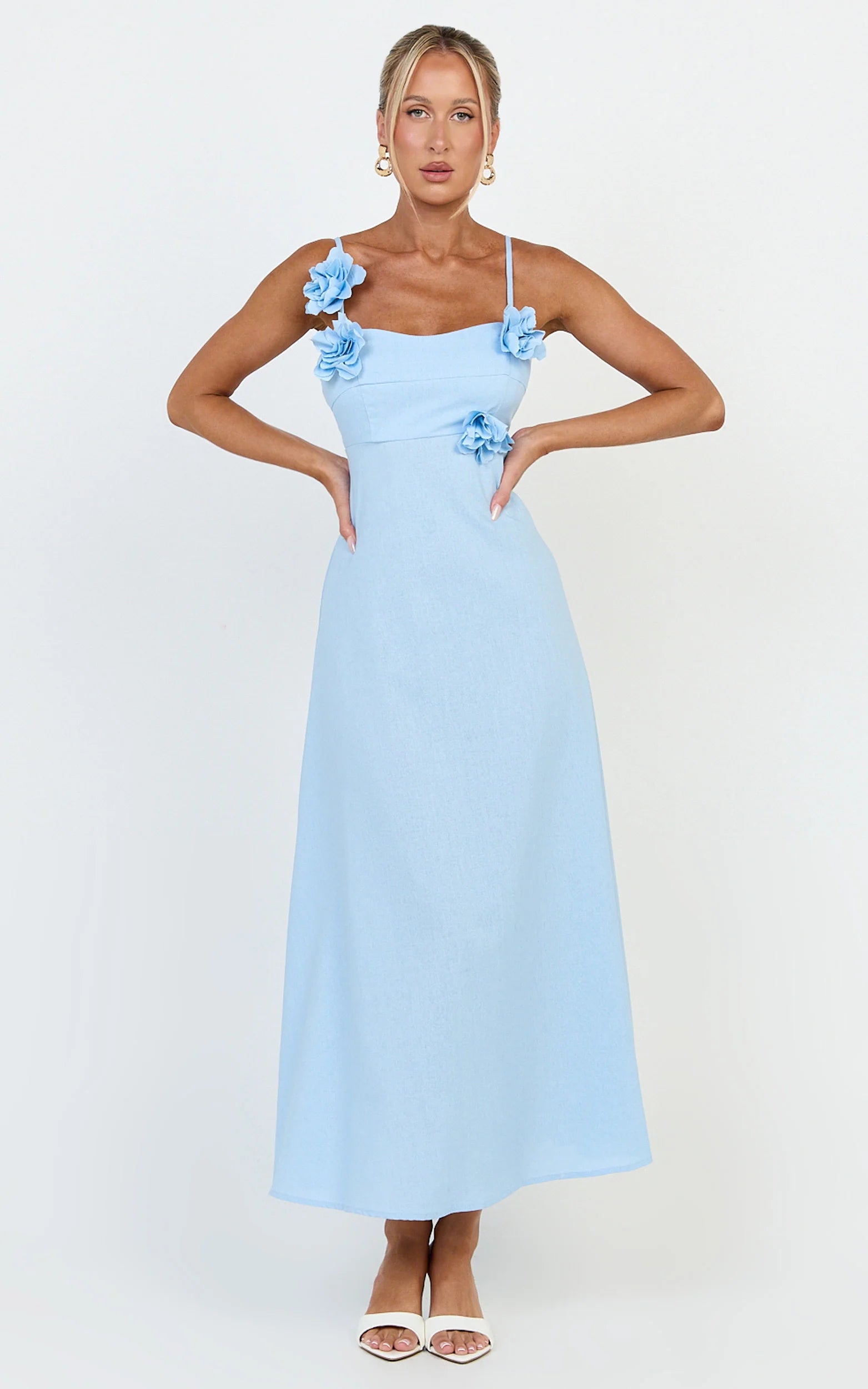Ondine Midi Dress - 3D Flower Strappy Dress in Blue