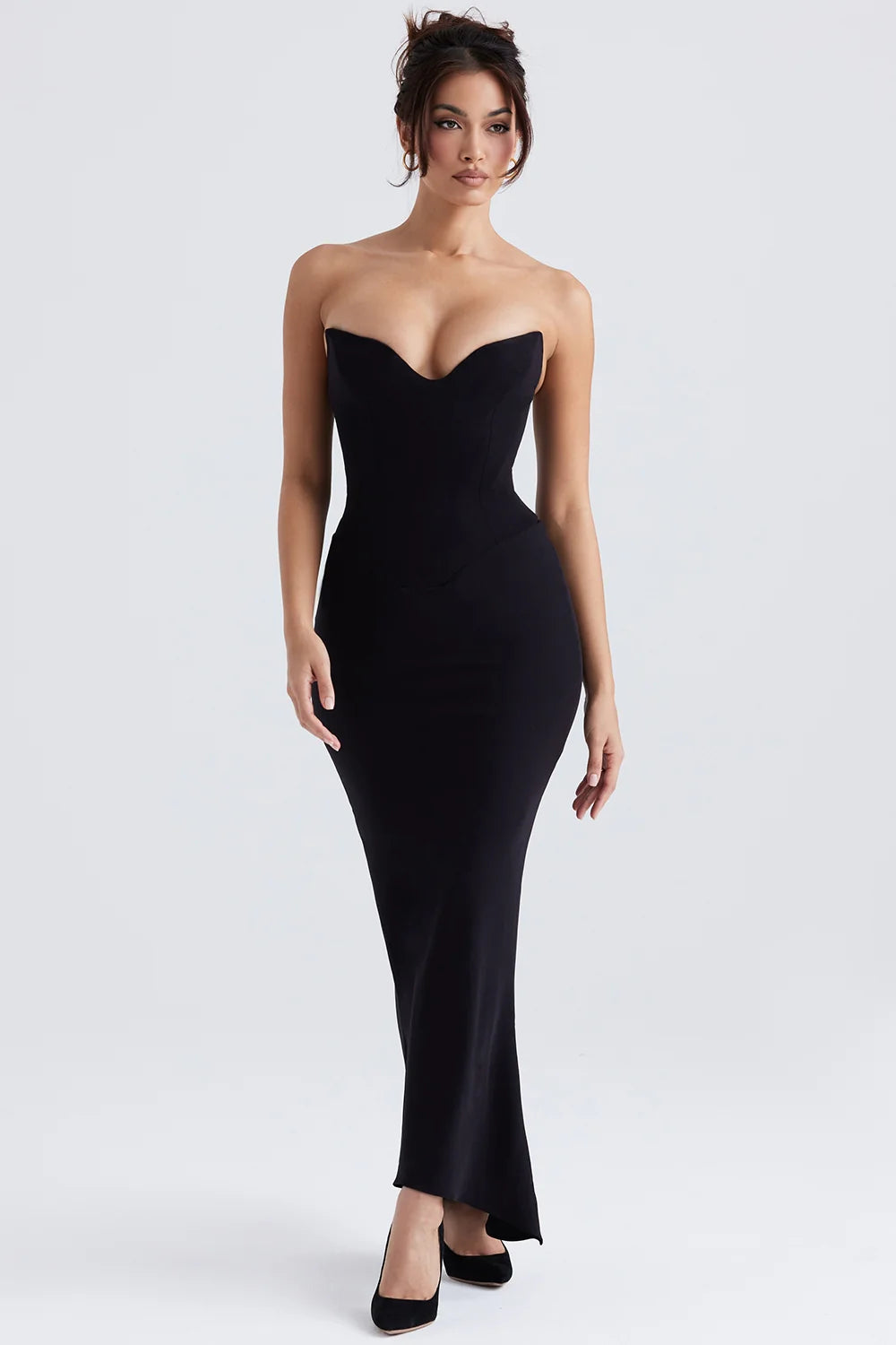 black crepe strapless corset dress