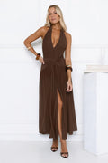 Whispered Promises Halter Mesh Maxi Dress Brown
