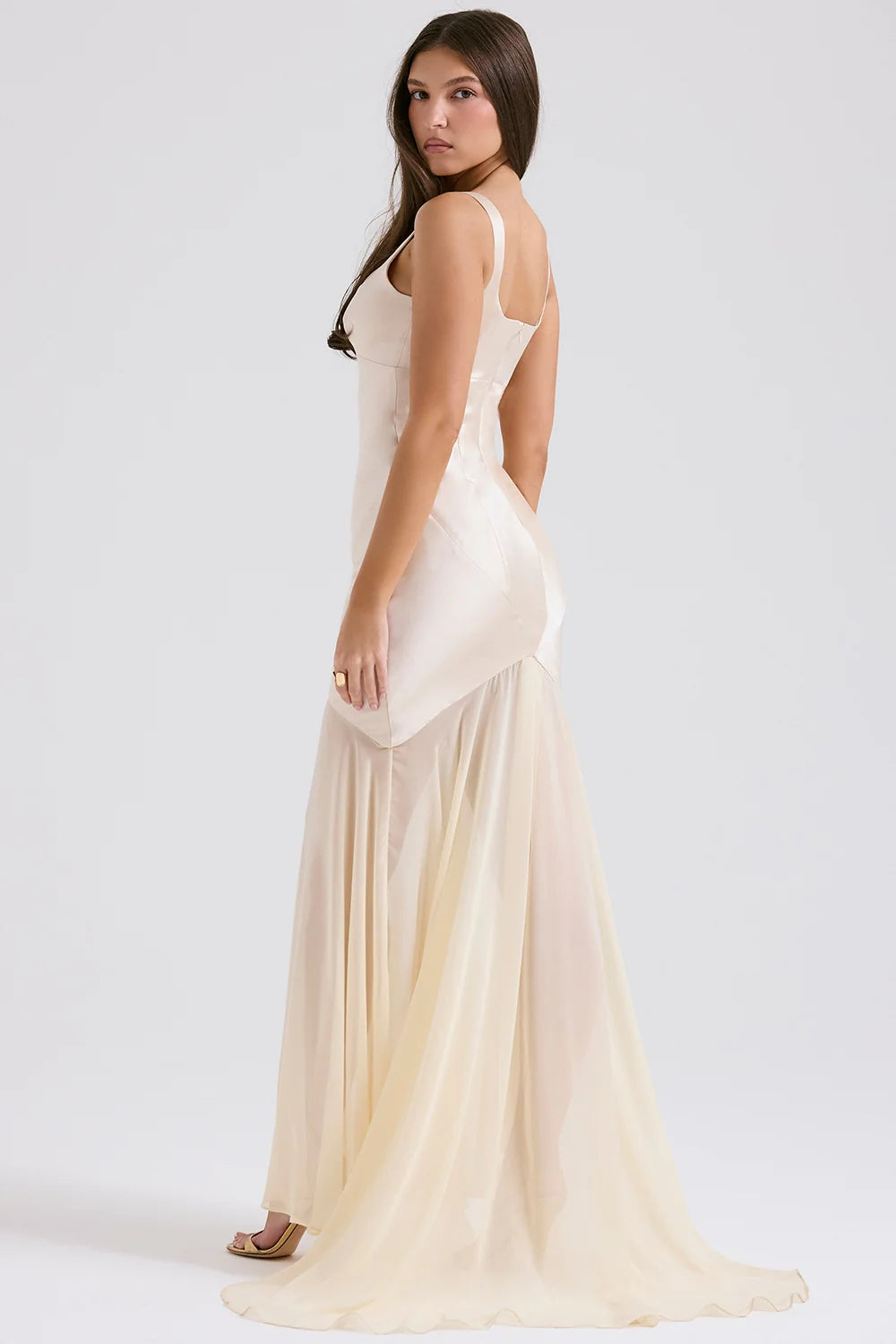 champagne chiffon floor length gown