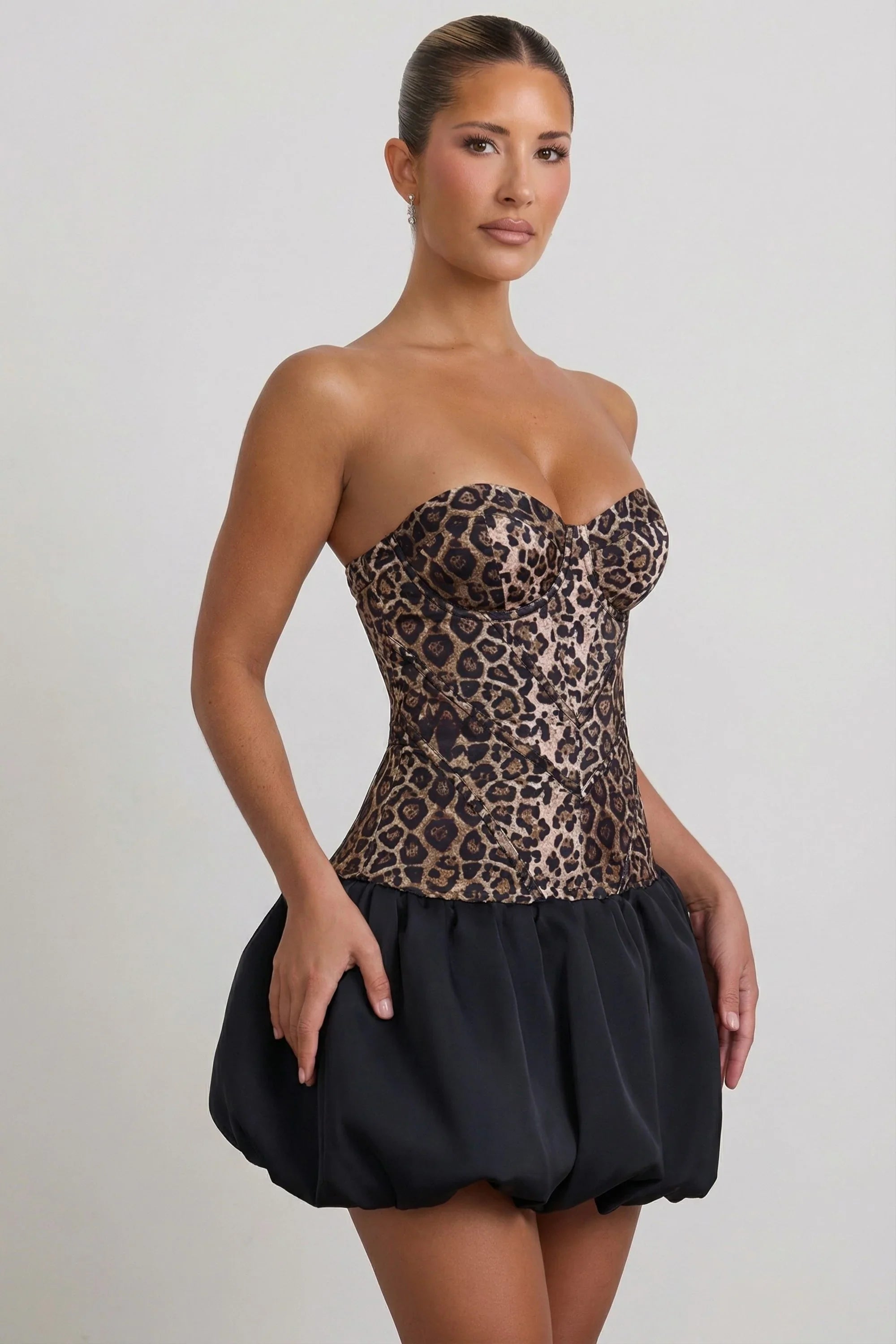 Cut-Out Bubble Hem Corset Mini Dress in Leopard Print