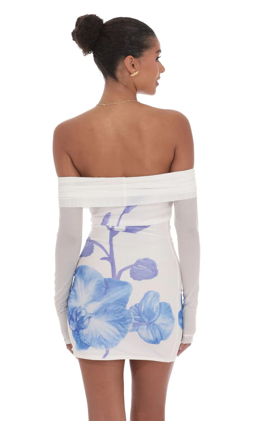 Floral Mesh Off Shoulder Dress in White
