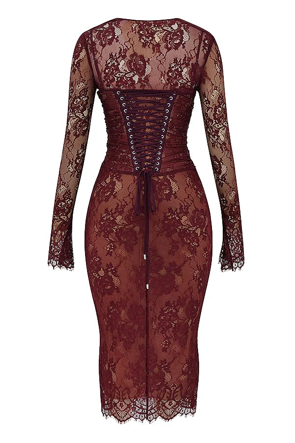claret lace midi dress